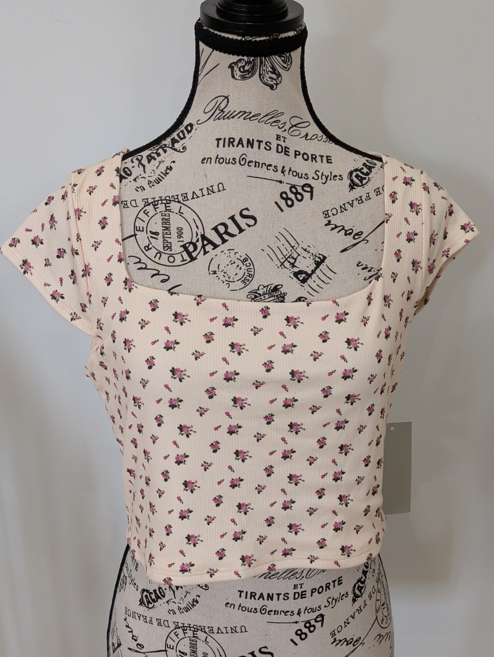 GAZE | Women's Cream Floral Square Neck Ribbed Sleeveless Crop Top